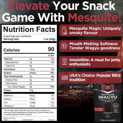 Five Star Wagyu Mesquite Beef Jerky, Soft & Mouth Melting Tender Jerky, Award-Winning Premium Beef Jerky, No Artificial Ingredients, Premium Gift Snack, Nitrate/Nitrite-Free, Gluten-Free, Wagyu Beef Snacks (2 Pack of 2oz-Total 4oz) Gourmet Beef Jerky
