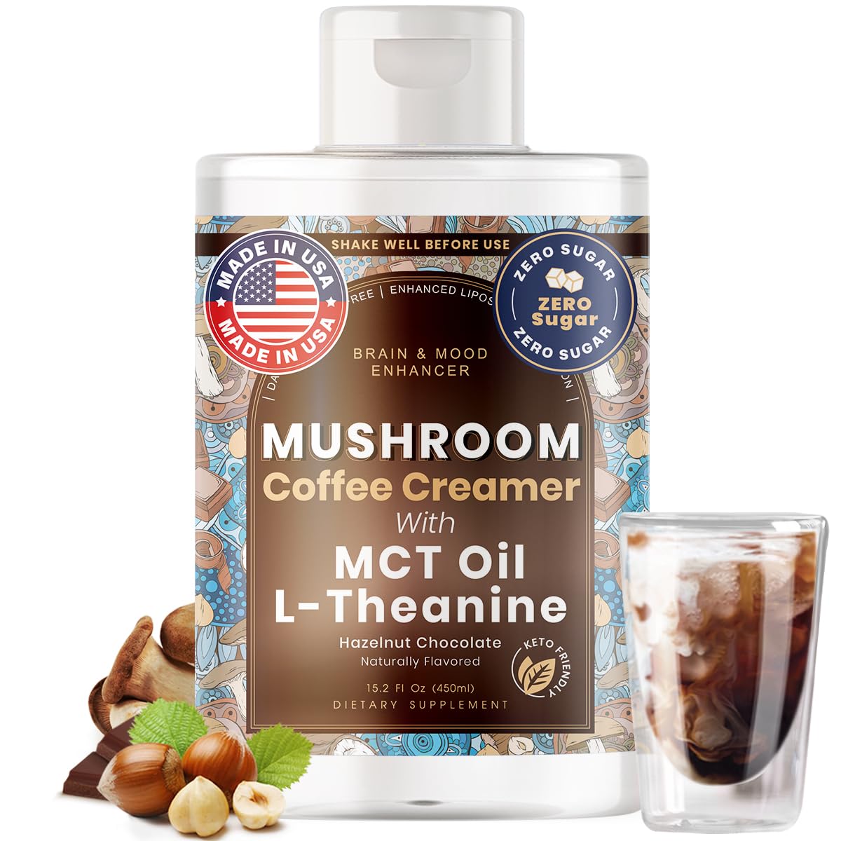 Mushroom Coffee Creamer with MCT Oil by Owl & Ox | L Theanine, Nootropic Superfood Blend, Vegan, Sugar Free, Dairy Free, Adaptogens, Plant Based & Keto Friendly, Hazelnut Chocolate Flavor, 30 Servings