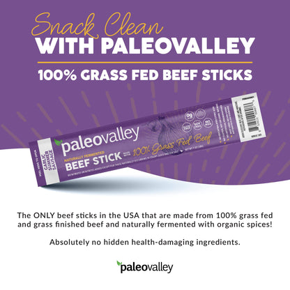 Paleovalley 100% Grass Fed Garlic Summer Sausage Beef Sticks - Delicious Gluten Free Beef Snack - High Protein Keto Friendly