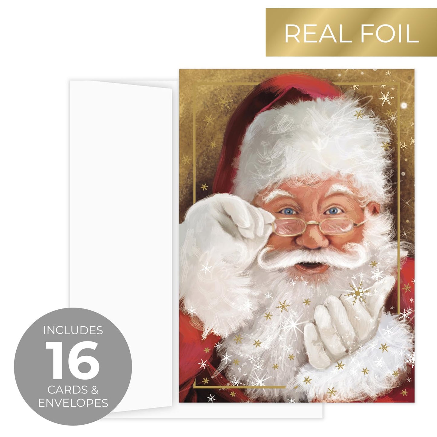Canopy Street Masterpiece Sparkling Santa Christmas Cards / 16 Festive Holiday Cards Set With White Envelopes / 5 5/8" x 7 7/8" Winter Gold Foil Greeting Cards With Inside Verse/Made In The USA