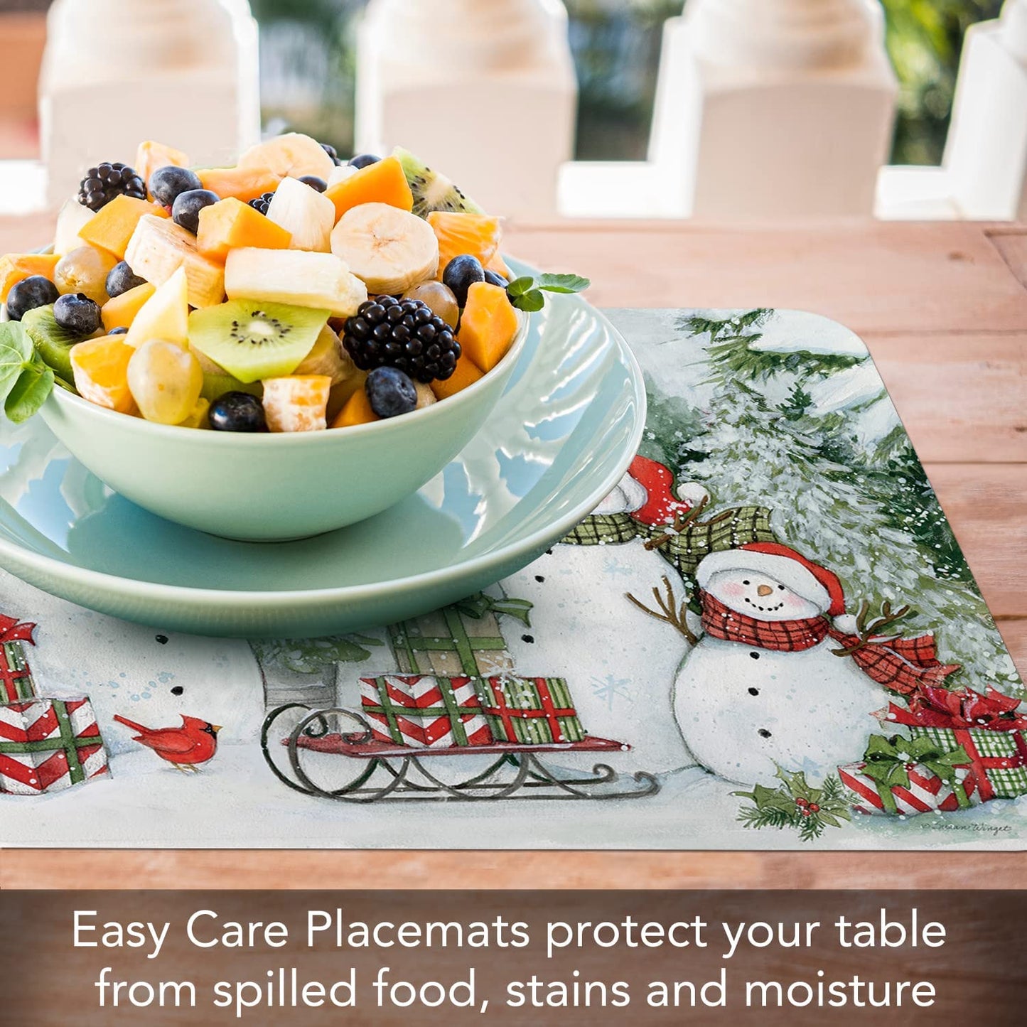 CounterArt Snowman's Farmhouse 4 Pack Reversible Easy Care Placemats Made in The USA BPA PVC Free Flexible Plastic Easily Wipes Clean