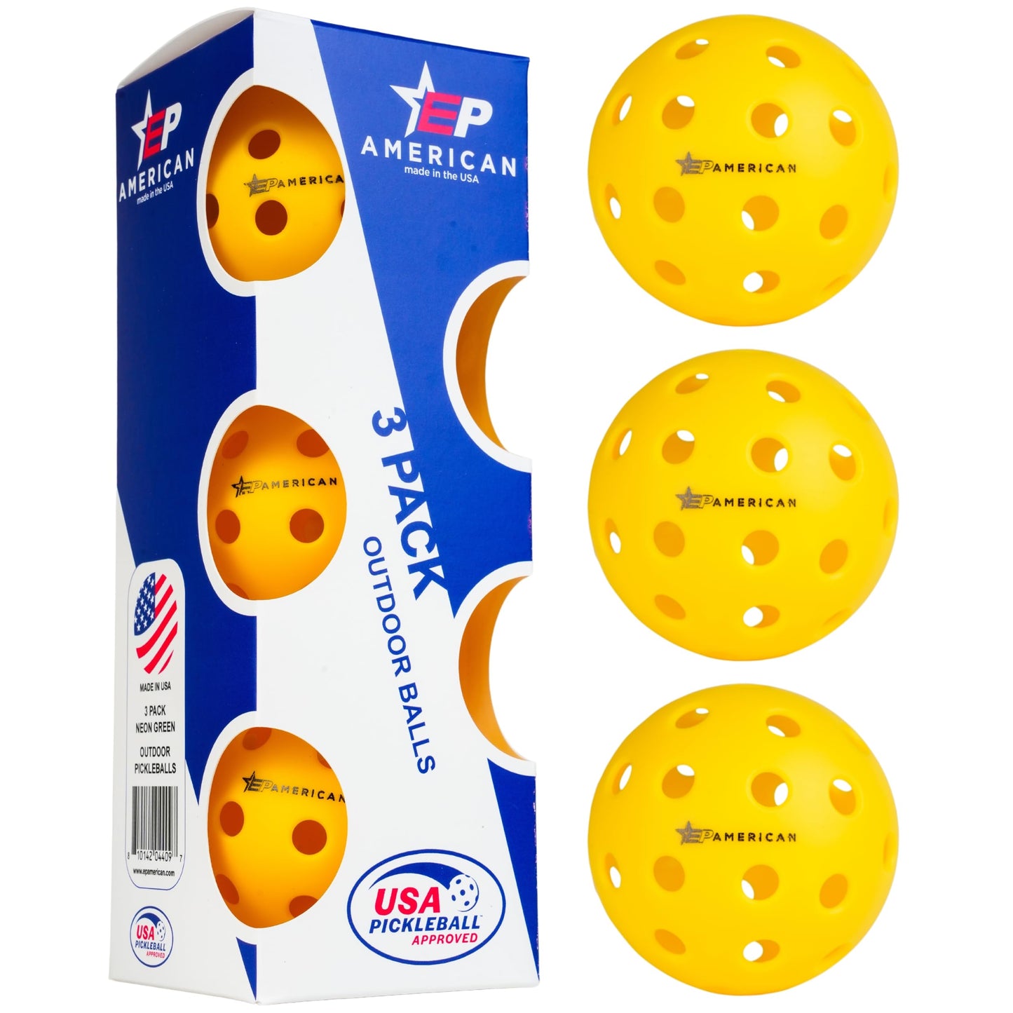 EPAMERICAN Outdoor Pickleballs | 3,6,12 Packs| USAPA Approved | Made in USA with Durable Design | Tournament-Ready, High Performance | 40 Precision Holes for Balanced Flight (Yellow, 3-Pack)