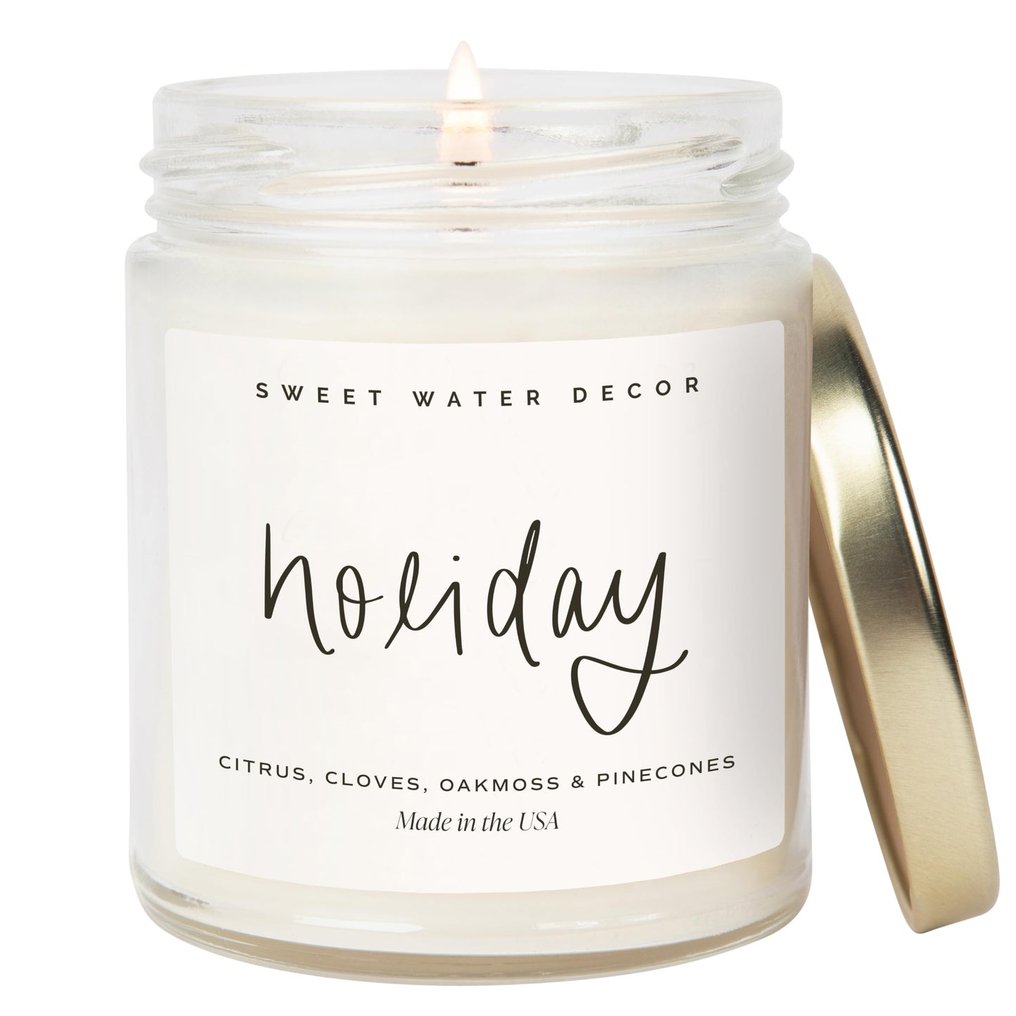 Sweet Water Decor Holiday Candle - Cloves, Pine, and Sandalwood Festive Winter Scented Soy Candles for Home - 9oz Clear Jar, 40 Hour Burn Time, Made in The USA