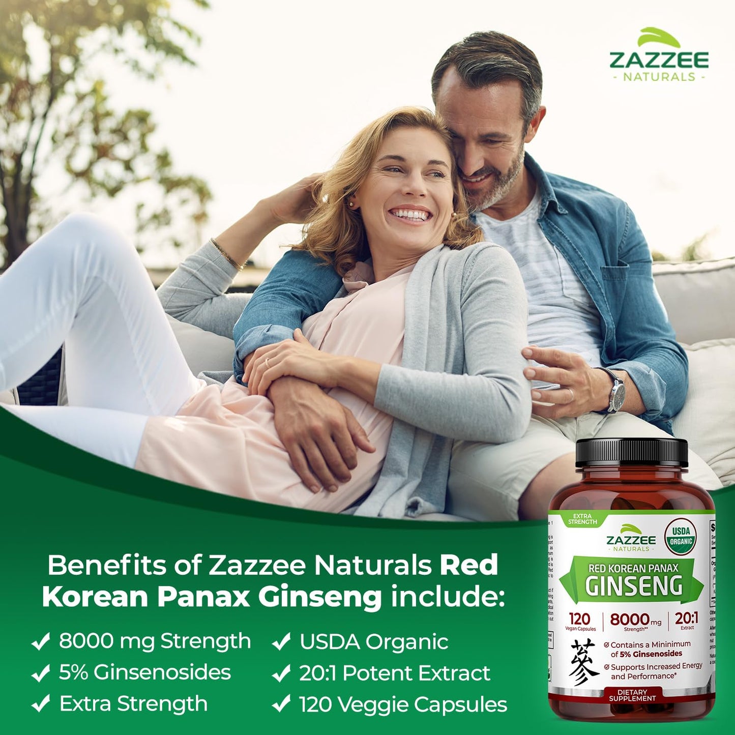 Zazzee USDA Organic Red Korean Panax Ginseng 20:1 Extract, 8000 mg Strength, 5% Ginsenosides, 120 Vegan Capsules, Standardized and Concentrated 20X Root Extract, 100% Vegetarian, All-Natural, Non-GMO
