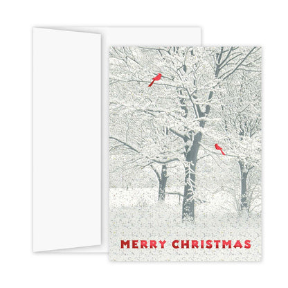 Masterpiece Snowy Trees And Cardinals Christmas Cards / 15 Winter Holiday Cards Set With Glitter And Red Foil With White Envelopes / 5 5/8" x 7 7/8" Sparkling Snow Greeting Cards With Inside Verse