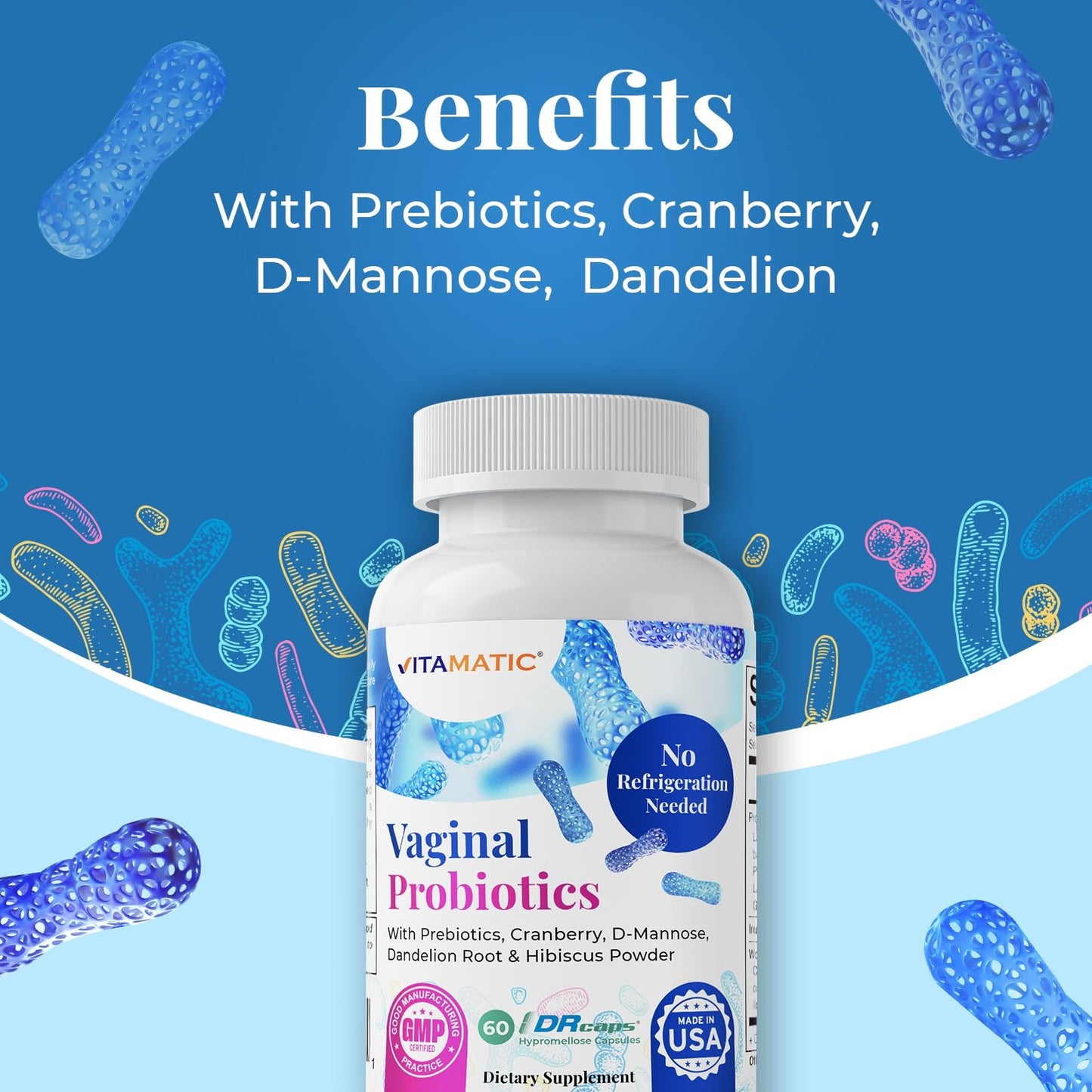 Vitamatic Vaginal Probiotics 20 Billions for Women pH Balance & Odor Control with Prebiotics & Probiotics 60 DR Capsules - Made with Cranberry, D-Mannose, Hibisucs & Dandelion