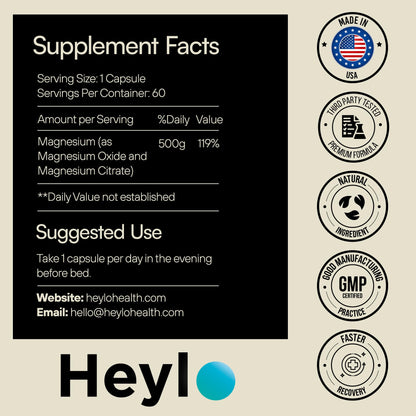 Heylo Magnesium Citrate Complex 500 mg - High Absorption Formula for Muscle Relaxation, Energy Support, Bone & Heart Health, Digestion, Stress Relief - Non-GMO, Vegan, 60 Capsules