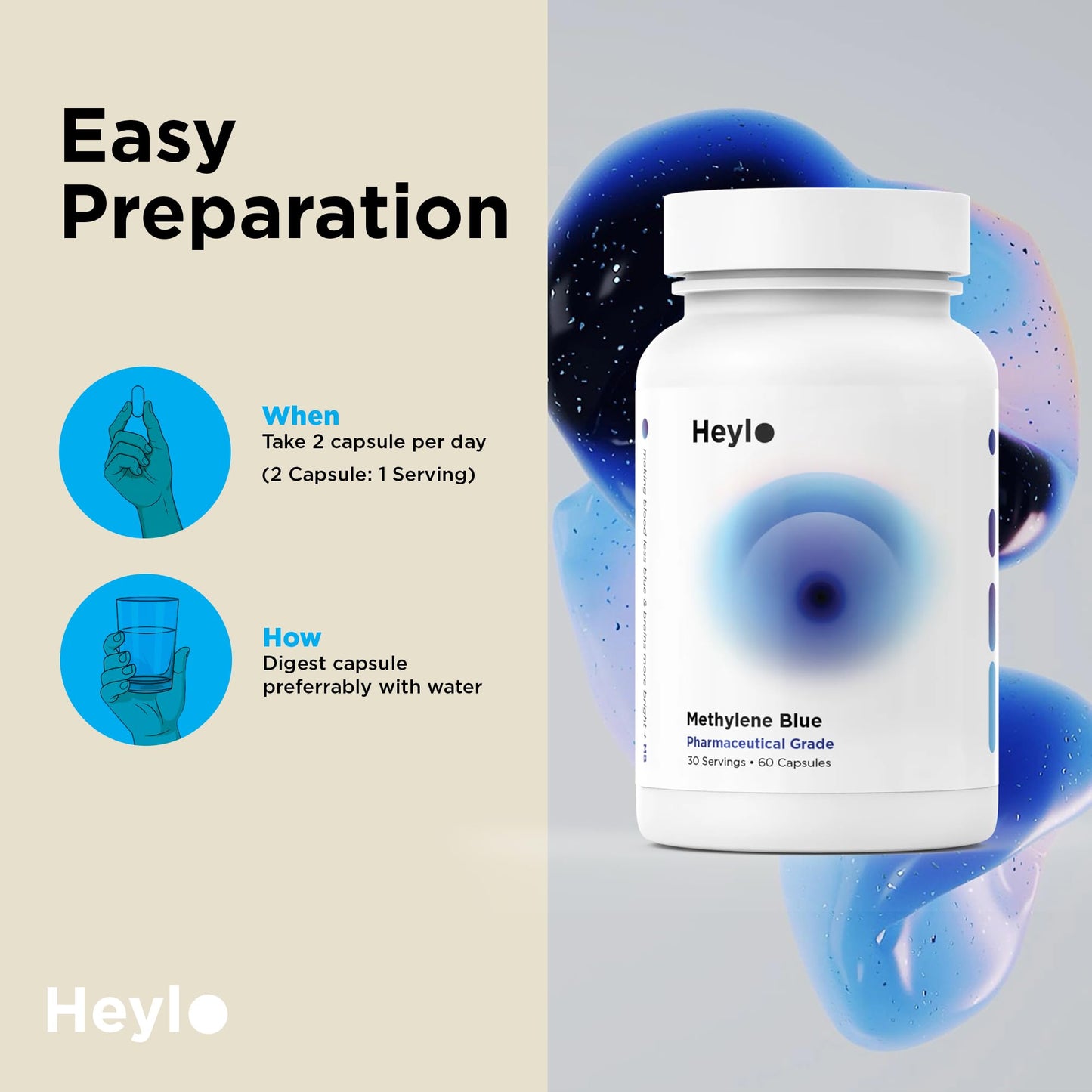 Heylo Methylene Blue Capsules - Pharmaceutical USP Grade Quality | Third Party Tested | Boosts Memory, Focus, Clarity, Energy | Supports Cellular & Mitochondrial Function, Made in USA, 30mg