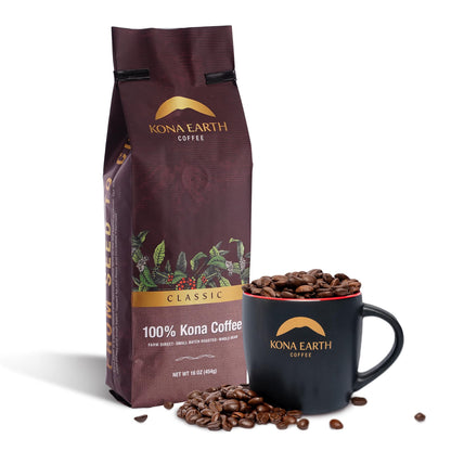 KONA EARTH - Classic, 100% Kona Coffee Beans, Whole Farm-Fresh Classic Medium Roast Coffee Beans, Micro-Batch-Roasted, 1 lb., Pack of 1