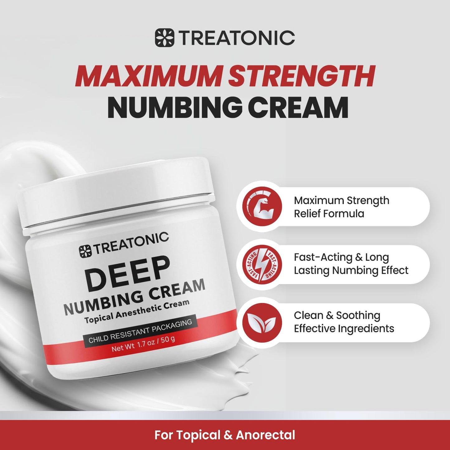 Treatonic Maximum Strength Numbing Cream: Numbing Cream for Discomfort, Burn, Itch & Pain Relief- Fast-Acting, Soothing Topical Anesthetic with Menthol & Emu Oil - 1.7oz / 2 Pack