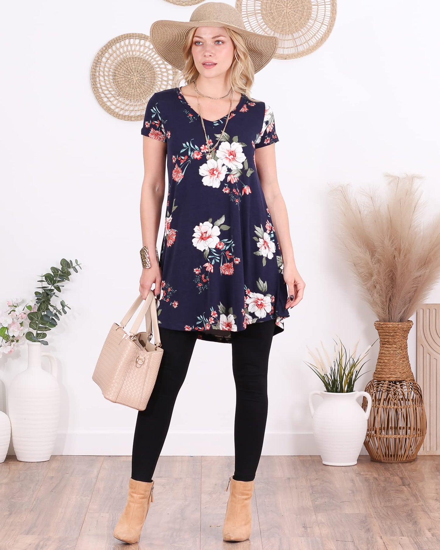 Popana Womens Short Sleeve Summer Tunic Tops to Wear with Leggings Loose Fit Made in USA Floral