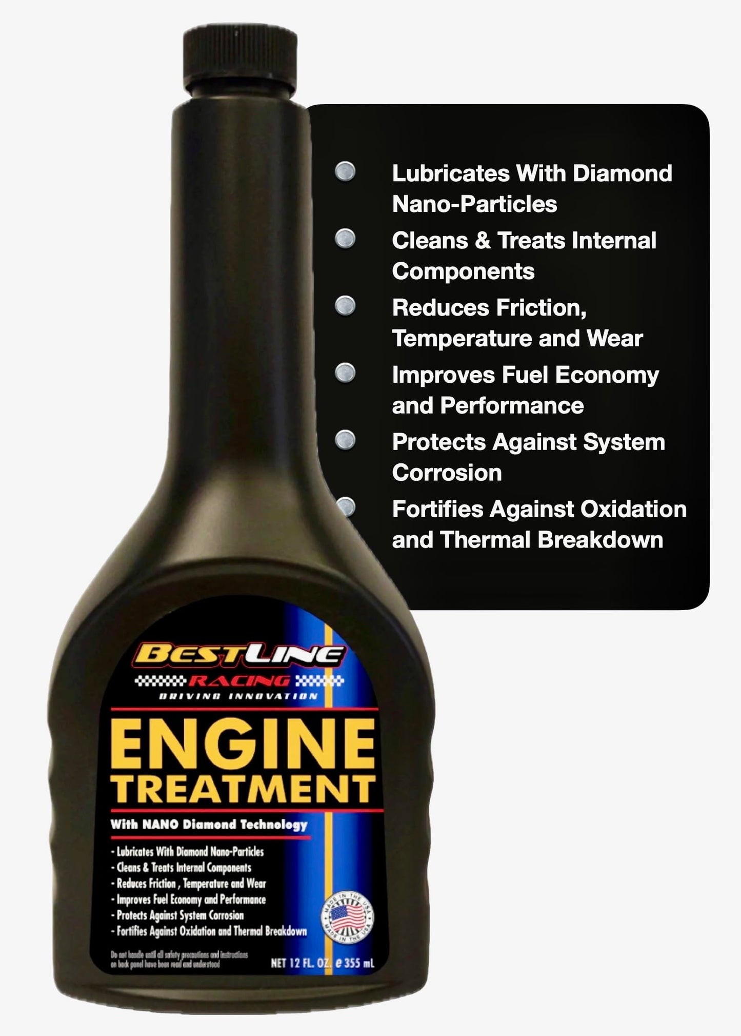 BestLine Racing - Engine Oil Additive for all Gas & Diesel Engines - Reduces Wear, Noise, Vibration - Boosts Fuel Economy & Horsepower - Made in the USA, Treats 5-quarts of oil.