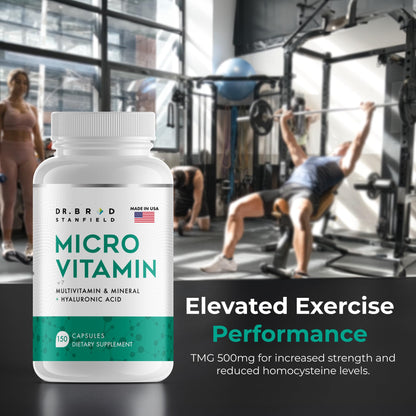 Dr Brad Stanfield Daily Low Dose MultiVitamin & Mineral for Men & Women to Support Cognitive Performance & Memory + Hyaluronic Acid for Skin Health + TMG for Exercise (150 Count)