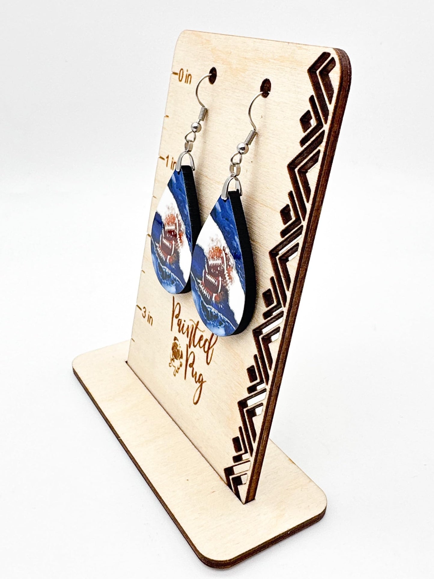 Football Dangle Earrings Blue & White Teardrop MDF Wood Sports School Team Spirit Fan Jewelry Gift for Women Handmade by The Painted Pug (Blue White Silver)