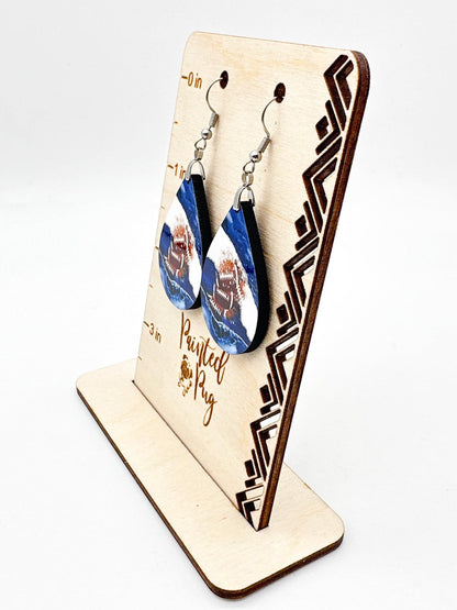 Football Dangle Earrings Blue & White Teardrop MDF Wood Sports School Team Spirit Fan Jewelry Gift for Women Handmade by The Painted Pug (Blue White Silver)