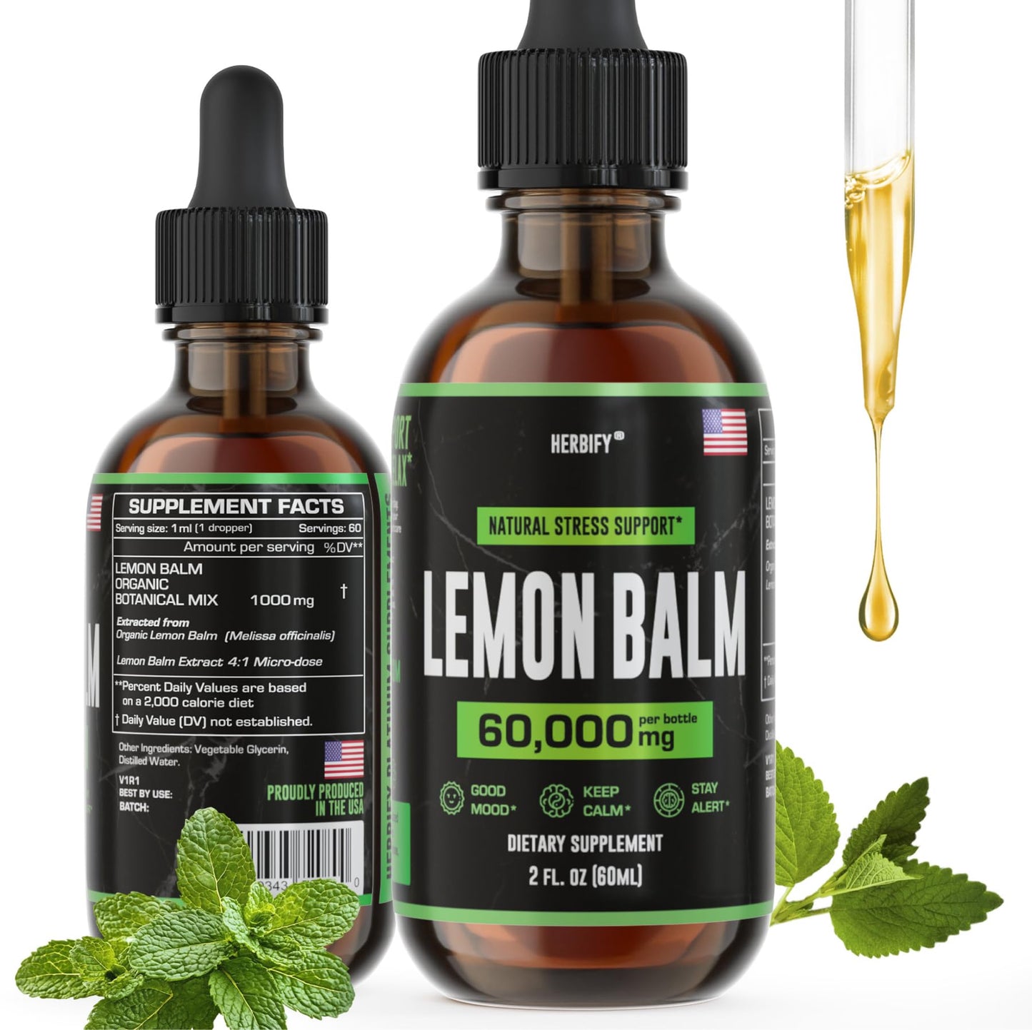 HERBIFY Lemon Balm Tincture - Melissa Officinalis Leaf Liquid Extract - Brain Support and Mood Boost - Lemon Balm Drops for Immune & Cognitive Support - 2 Fl oz