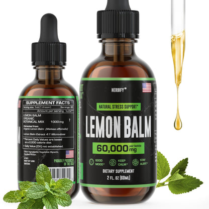 HERBIFY Lemon Balm Tincture - Melissa Officinalis Leaf Liquid Extract - Brain Support and Mood Boost - Lemon Balm Drops for Immune & Cognitive Support - 2 Fl oz