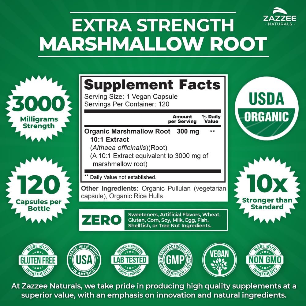Zazzee USDA Organic Marshmallow Root 10:1 Extract, 3000 mg Strength, 120 Vegan Capsules, 4 Month Supply, Standardized, Concentrated 10X Extract, 100% Vegetarian, All-Natural, Non-GMO, Made in The USA