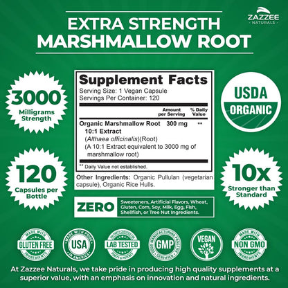 Zazzee USDA Organic Marshmallow Root 10:1 Extract, 3000 mg Strength, 120 Vegan Capsules, 4 Month Supply, Standardized, Concentrated 10X Extract, 100% Vegetarian, All-Natural, Non-GMO, Made in The USA