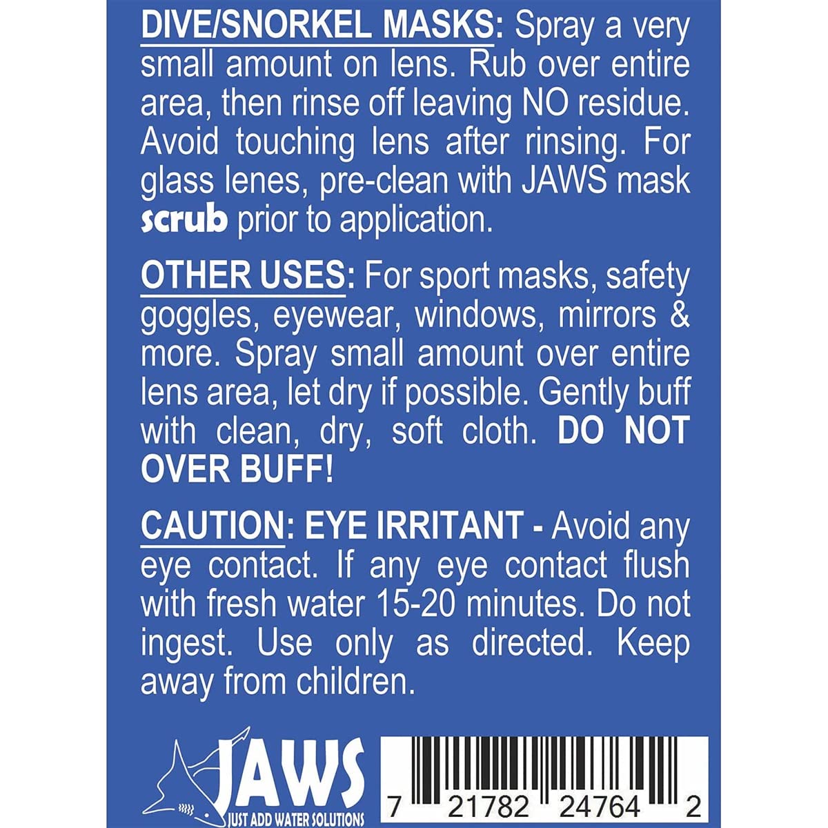 JAWS Quick Spit 4 oz Anti-Fog Spray for Swim Goggles, Eye Glasses, Snorkel Mask, Scuba Divers, Safety Eyewear, Made in USA