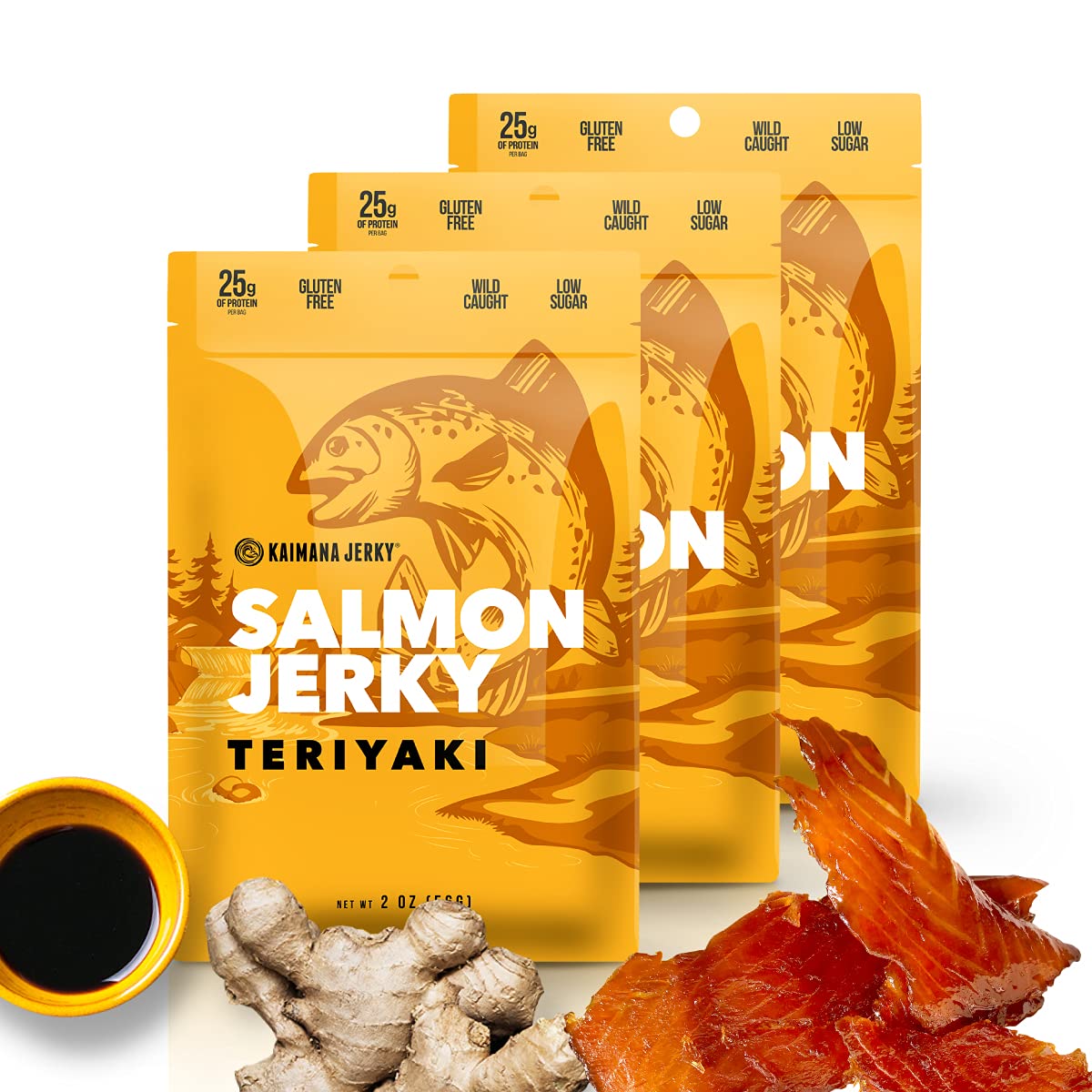 Kaimana Jerky Wild Caught Salmon Teriyaki Jerky - Organic Sweet & Savory Dried Fish Strips, Rich in Omega-3 & Protein, Low-Calorie, Gluten-Free, Less Sodium & Sugar, 3-Pack (2oz Each)
