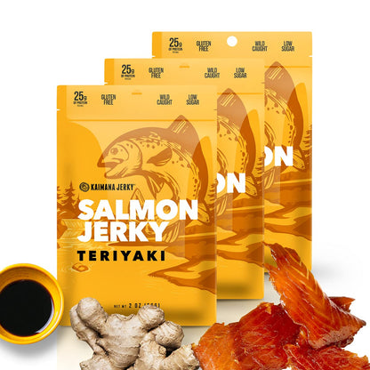 Kaimana Jerky Wild Caught Salmon Teriyaki Jerky - Organic Sweet & Savory Dried Fish Strips, Rich in Omega-3 & Protein, Low-Calorie, Gluten-Free, Less Sodium & Sugar, 3-Pack (2oz Each)