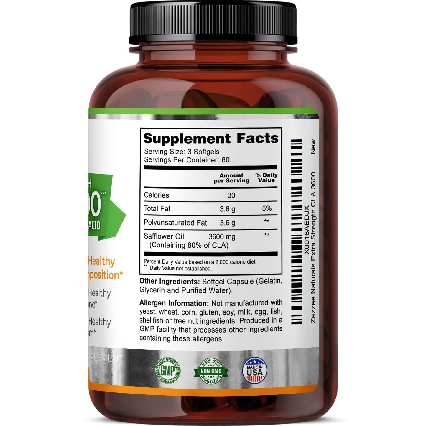 Zazzee High Potency CLA 3600, 180 Softgels, 3600 mg per Serving, Conjugated Linoleic Acid from Safflower Oil, Concentrated and Standardized, 60 Day Supply, Non-GMO and Made in The USA
