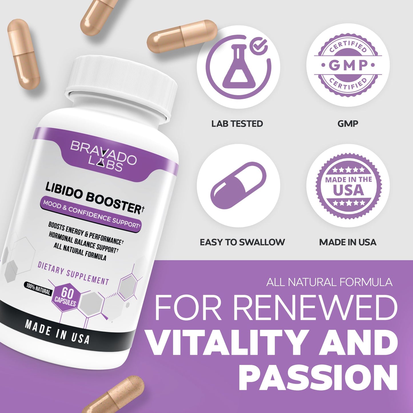 Bravado Labs Libido Enhancer Supplement - Female Libido Booster for Women - Drive, Energy, Mood, Intimacy and Performance Enhancement Pills - with Maca Root, Ashwagandha, Dong Quai - 60 ct