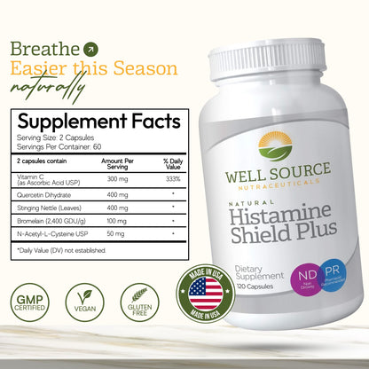 Histamine Shield Plus™ Natural Antihistamine Supplement for Adults, Sinus & Allergy Relief for Pollen, Pet Dander, Dust, Mold, and Odors, Quercetin with Bromelain & Stinging Nettle 120 Capsules