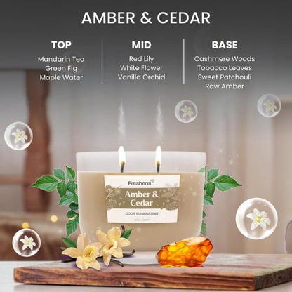 Carolina Freshens Amber & Cedar Odor Eliminating Highly Fragranced Candle for Home Scented, Eliminates 90% of Pet, Smoke, Food and Other Smells Quickly, 2 Wick, 14 oz - Made in The USA