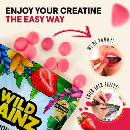 WILD GAINZ Creatine Monohydrate Gummies for Men & Women 5000mg - Sugar-Free Strawberry Flavor, Vegan, Non-GMO, Gluten-Free. Supports Muscle Growth, Strength & Focus. Made in USA - 120 Chews