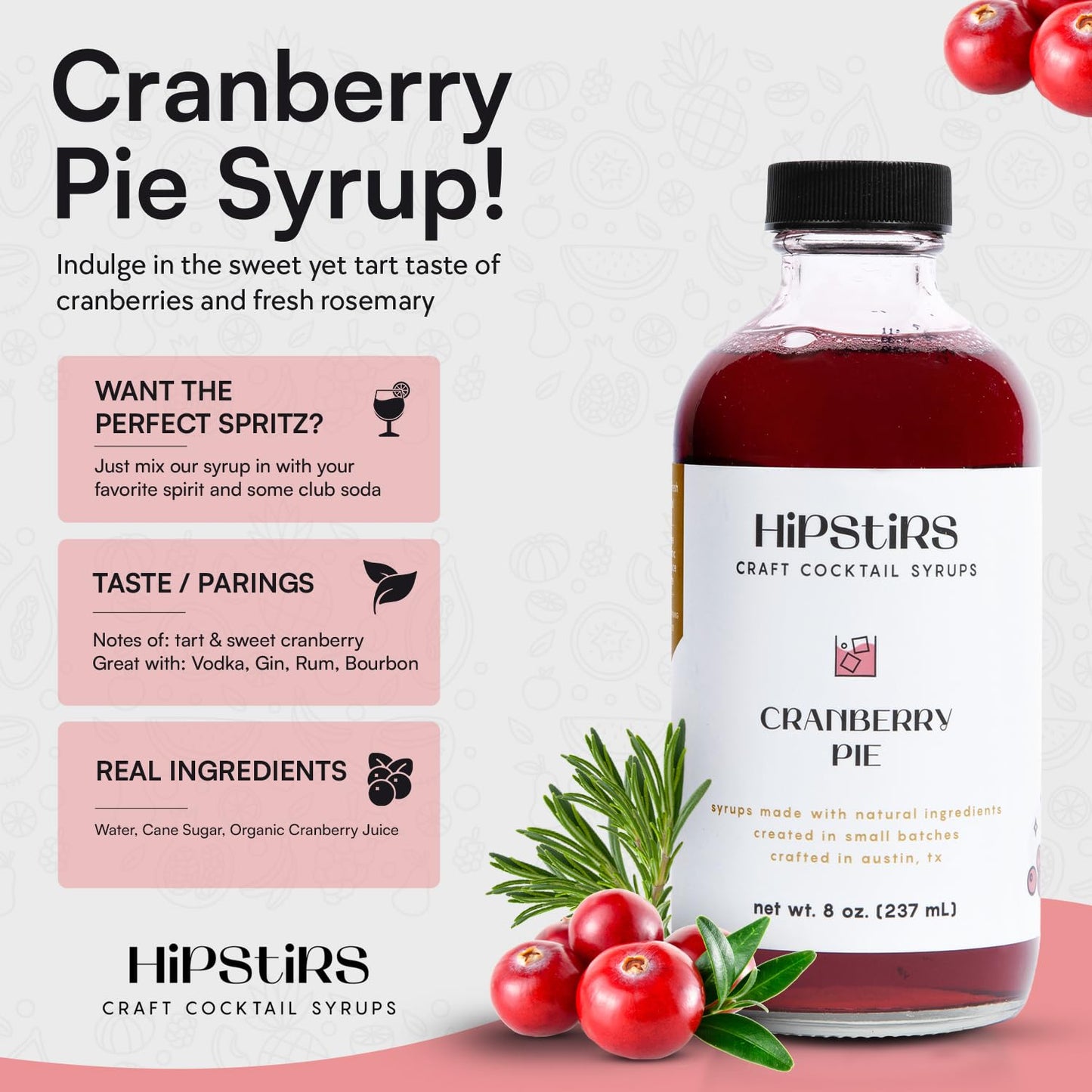 HipStirs Holiday Trio Pack - Our Cocktail Mixers Variety Pack Contains our Delicious Pumpkin Spice Syrup, Classic Cranberry Pie Syrup & Timeless Old Fashioned Drink Mix (8 Fl Oz)