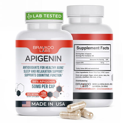 Bravado Labs Premium Apigenin Supplement - Pure, Concentrated Formula for Improved Sleep, Mood - Powerful Antioxidant Pills for Prostate and Healthy Aging Support - 120 ct