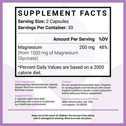 Luma Nutrition Magnesium Glycinate 1000mg - Support Stress, Sleep, Nerve & Muscle Health - 500mg Pure Magnesium Supplement Capsules - Chelated for High Absorption - 60 Veggie Capsules