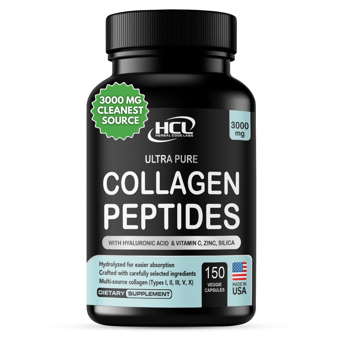 Collagen Peptides Powder with Vitamin C & Hyaluronic Acid - Organic Cleanest Sources & Super High Absorption - Hydrolyzed Multi Type I, II, III, V, X - Skin Hair Supplement (capsules)