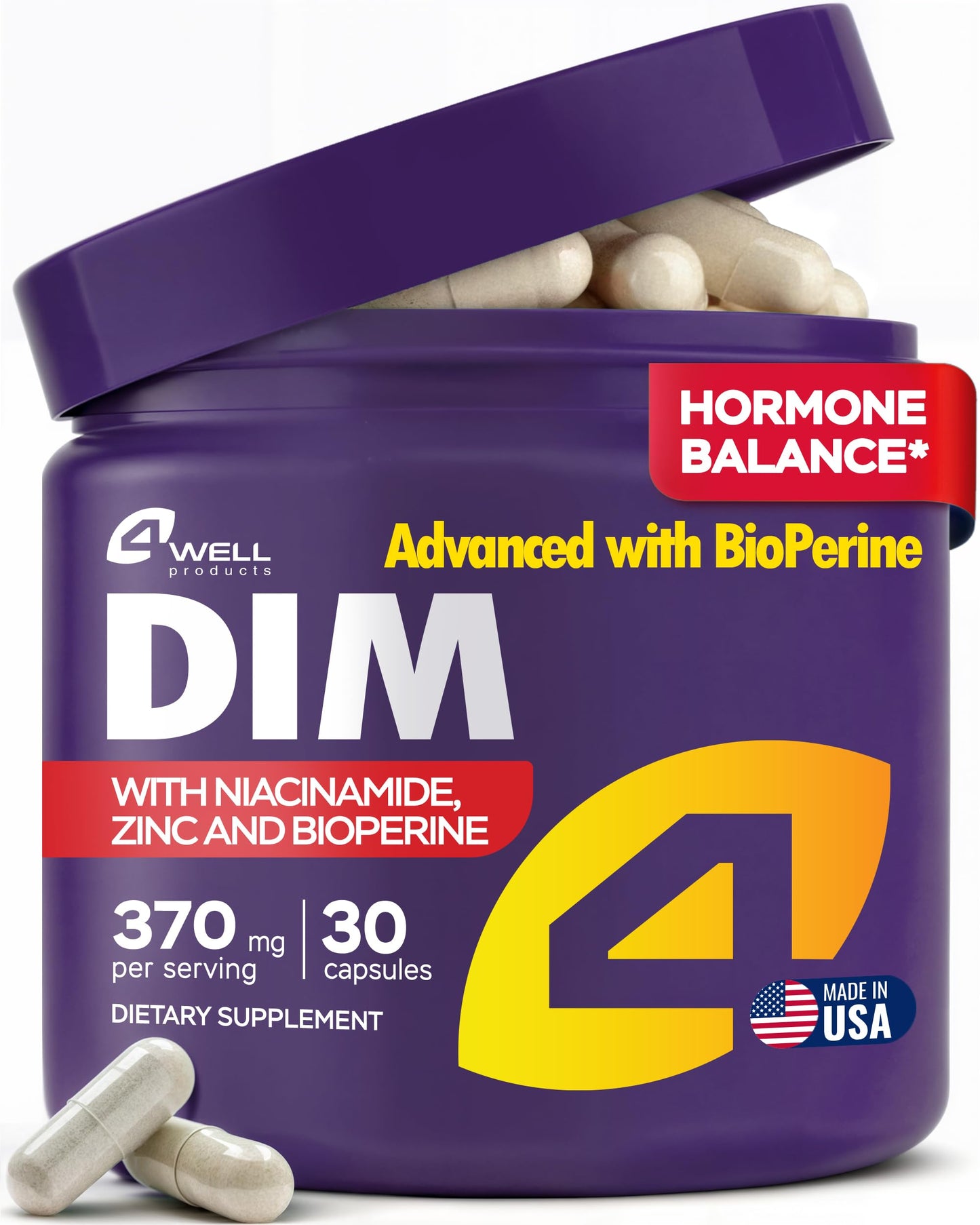 4Well Products Dim Supplement 370mg Complex with Zinc, Niacinamide - Estrogen Blocker for Women & Men, Hormone Balance - Hormonal Acne, Menopause and Antioxidant Support, Diindolylmethane 30 Capsules