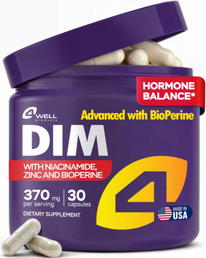 4Well Products Dim Supplement 370mg Complex with Zinc, Niacinamide - Estrogen Blocker for Women & Men, Hormone Balance - Hormonal Acne, Menopause and Antioxidant Support, Diindolylmethane 30 Capsules