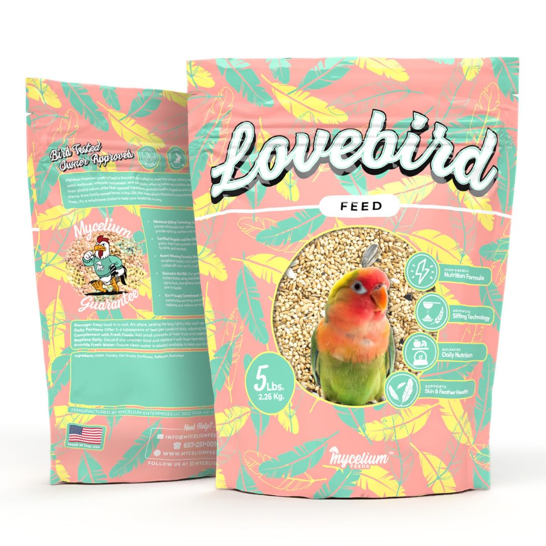 Mycelium Lovebird Feed (5 LB Bag) | Organic, Clean Seed Blend for Lovebirds & Small Parrots | Supports Skin & Feather Health | Non‑GMO, Shell-Free Nutrition | USA Made