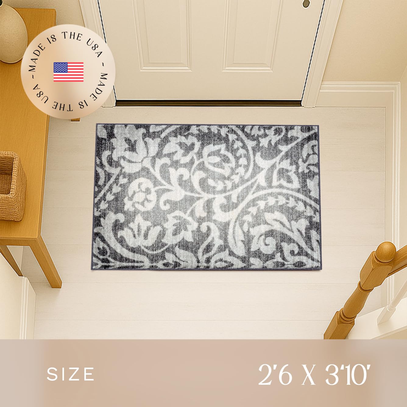 Maples Rugs Exeter Floral Area Rugs – Made in USA – Washable, Non Slip Indoor Carpet for Entryway, Foyer, Kitchen, and Bathroom, 30" x 46", Grey