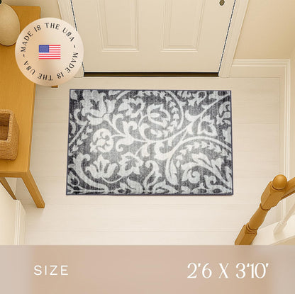 Maples Rugs Exeter Floral Area Rugs – Made in USA – Washable, Non Slip Indoor Carpet for Entryway, Foyer, Kitchen, and Bathroom, 30" x 46", Grey
