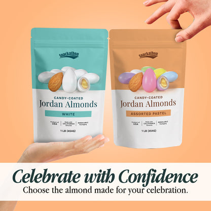 Snackathon Jordan Almonds, White Candy-Coated Almonds, 1 LB Resealable Bag, Made in USA, Bulk Italian Confetti Wedding Favors, Baby & Bridal Showers, Party Buffets, Events & Holidays