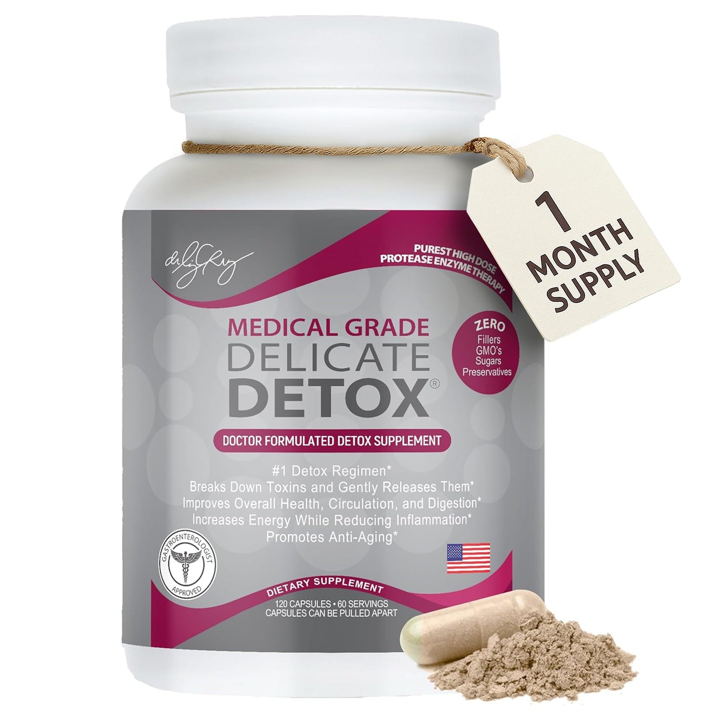 Dr. Liz Cruz Delicate Detox - Enzymes Supplement, Dietary Supplements, Medical-Grade Protease Enzymes, Daily Essential Enzymes for Detox, Non-GMO, 120 Veggie Capsules