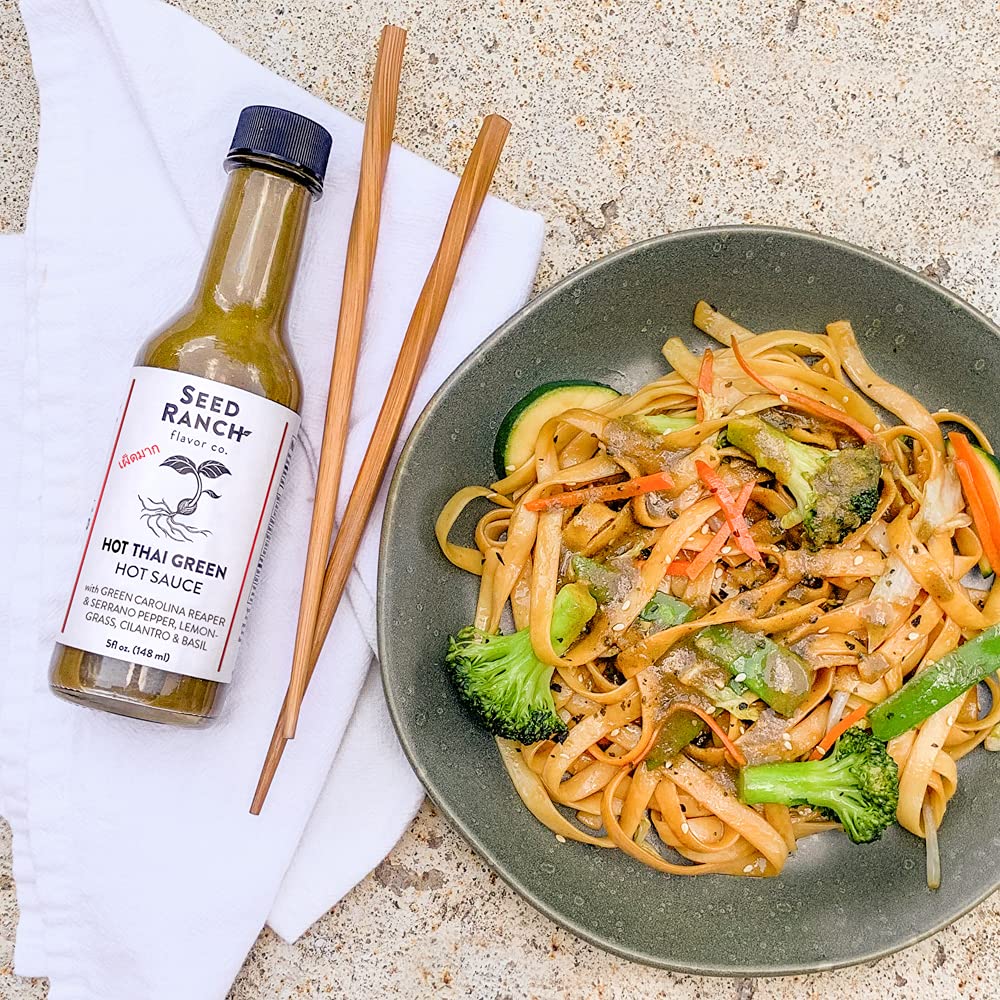 Seed Ranch Hot Thai Sauce, 5 Fl Oz - Spicy Heat - Featured on Hot Ones, Green Carolina Reaper Pepper, Organic Gourmet Hot Sauce - Vegan, Non-GMO, Gluten-Free, Proteins, Rice Bowls, Noodles & Breakfast
