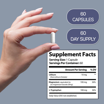 HARMONIFY Lithium Orotate 10mg with Magnesium Taurate & L-Tryptophan – Non-GMO, Gluten-Free, Vegan Friendly Lithium Supplement for Wellness – 60 Capsules