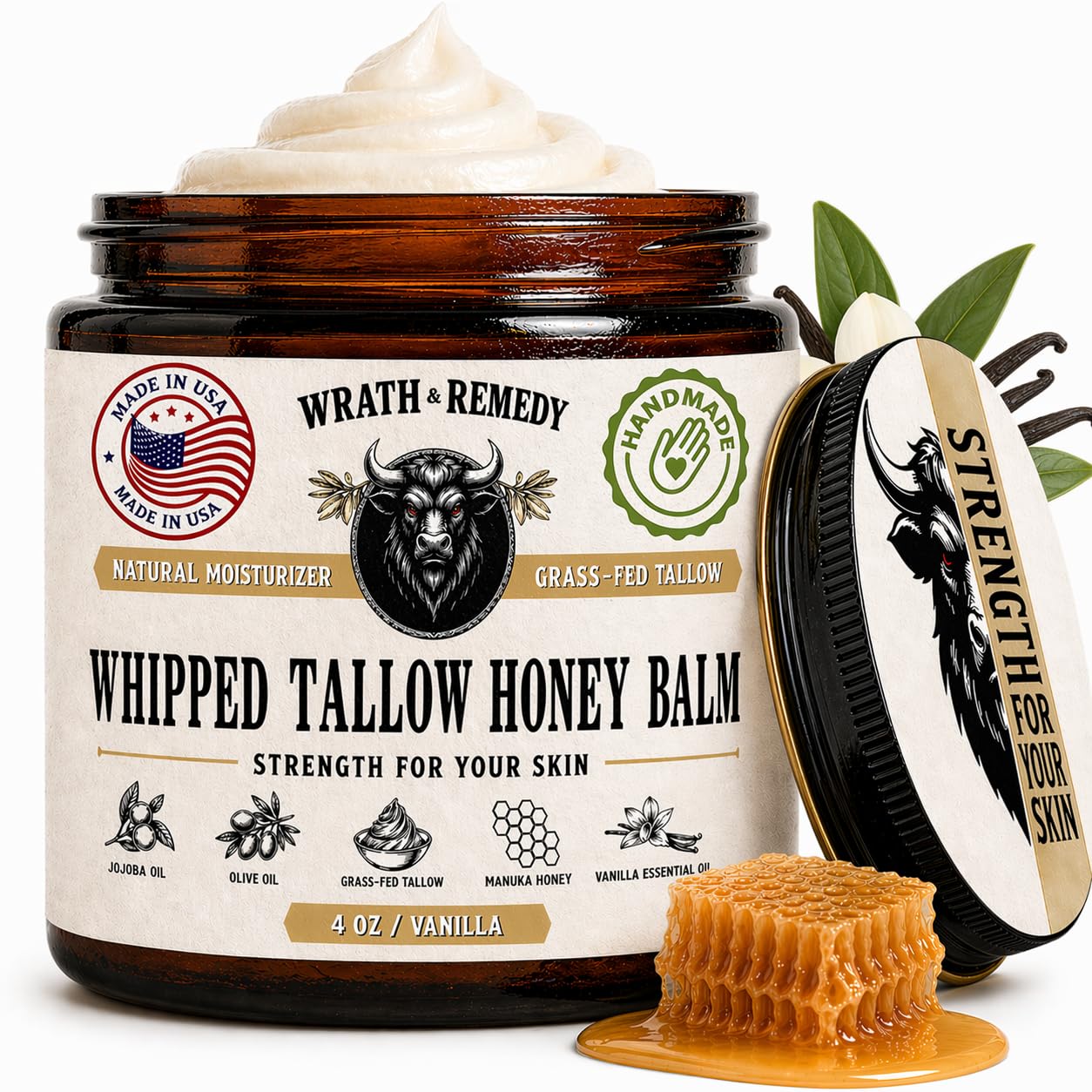 Organic Beef Tallow for Skin - 4 OZ (Vanilla) — US-Made Grass Fed Beef Tallow for Face + Body — Whipped Tallow and Honey Balm Moisturizer for Dry and Sensitive Skin, Eczema, Rosacea (No Additives)