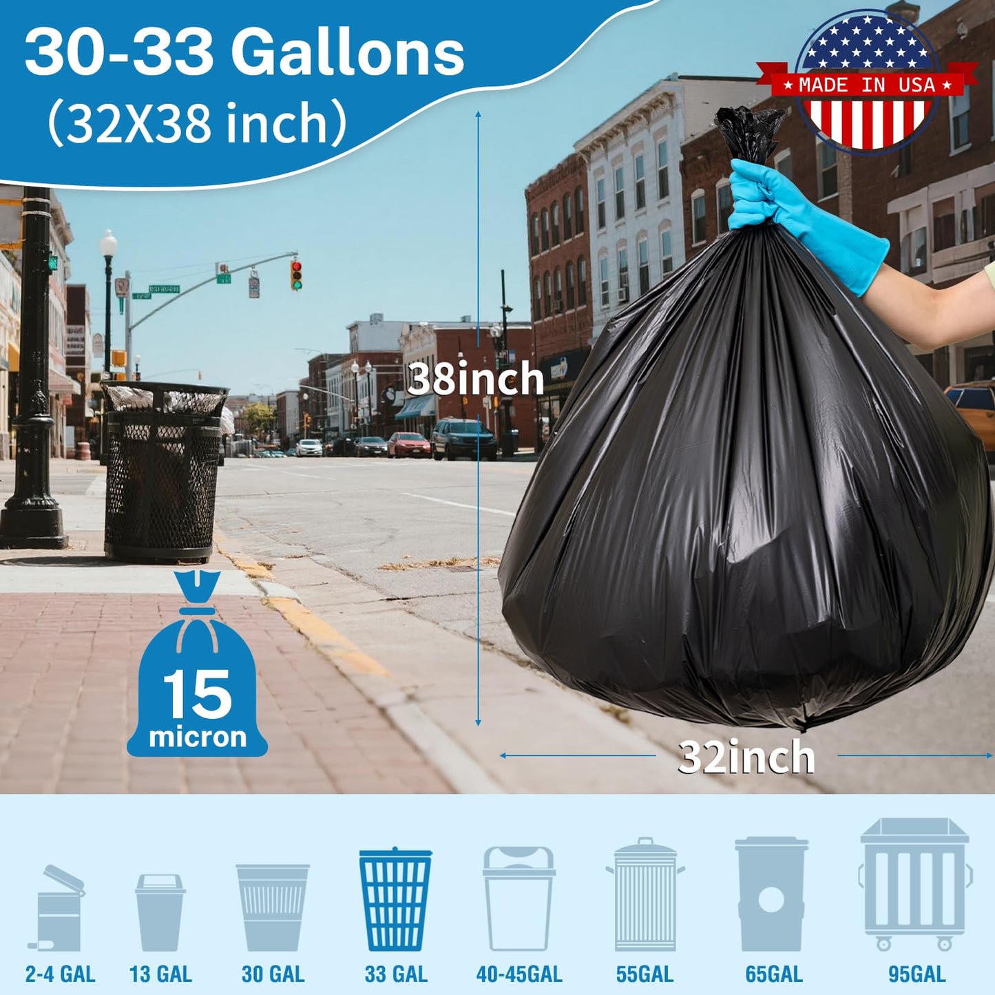 Trash Bags 30-33 Gallon, Black - Medium Duty 250 Count Bulk Pack | 32" x 38" | Durable & Tear-Resistant Garbage Bags for Home, Commercial, Construction & Outdoor Use | Made in USA