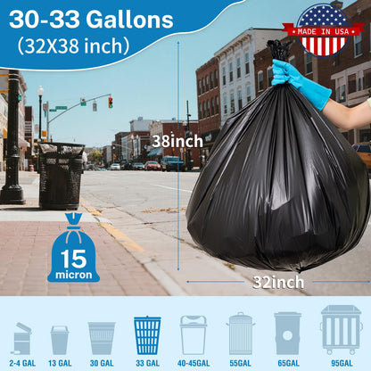 Trash Bags 30-33 Gallon, Black - Medium Duty 250 Count Bulk Pack | 32" x 38" | Durable & Tear-Resistant Garbage Bags for Home, Commercial, Construction & Outdoor Use | Made in USA