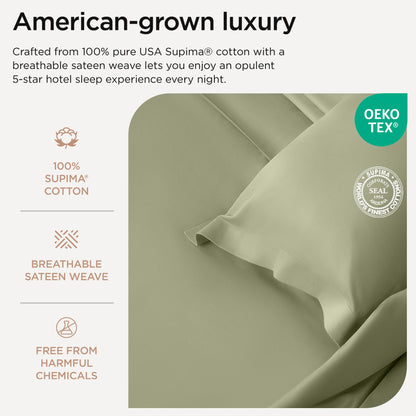 Threadmill Supima Cotton Sheets Queen | 656 Thread Count for Queen Mattress | 4 Piece Luxury Bed Sheets | Sateen Weave Hotel Quality with Elasticized Deep Pocket| Sage Green