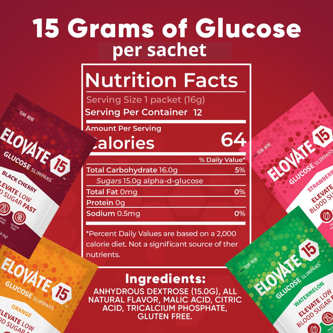 Elovate 15 Fast-Acting Glucose Powder – Quick-Dissolving Energy Packets with 15g Pure Glucose – Orange Flavor, Gluten-Free, Easy-to-Carry Slimpaks (6 Count)