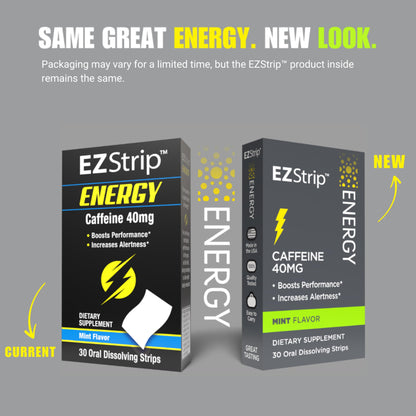 EZStrip Energy Supplements - Mint Flavor, 30 Count - Dissolving Strips with 40mg Caffeine to Help Energize Your Day and Boost Performance - Made in The USA, Sugar and Gluten-Free